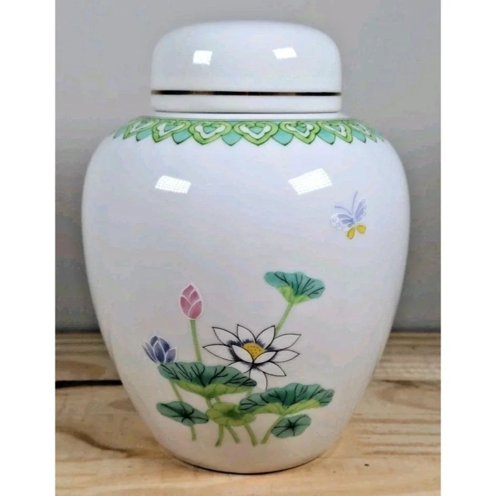 Vintage Otagiri Japanese Floral Ginger Jar Porcelain Lotus Garden Decor 6 Inch